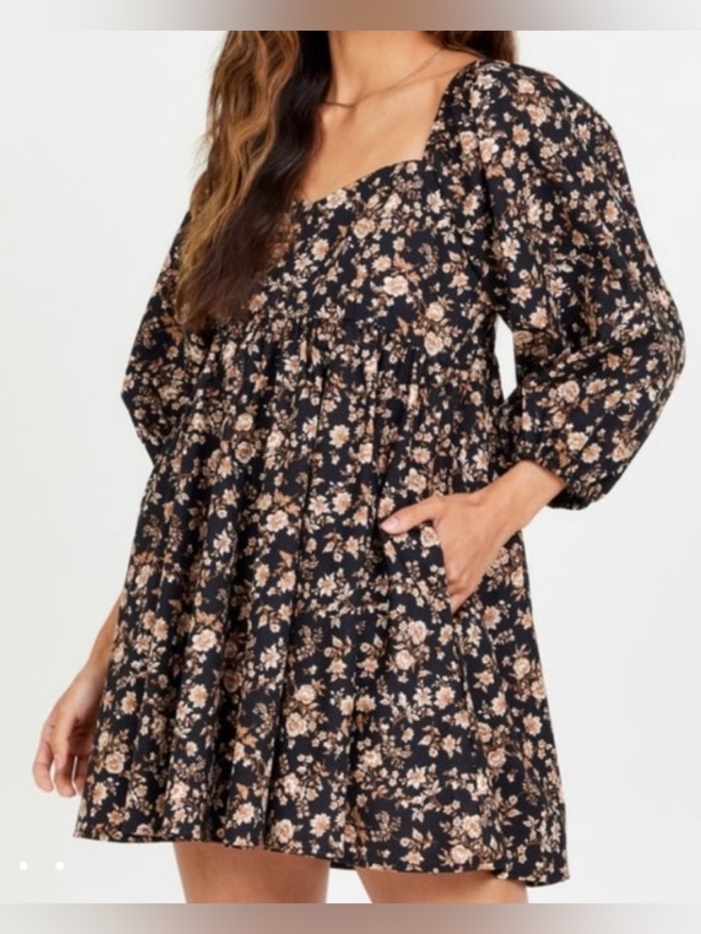 Altar'd State Women’s Size Small Black Floral Square-Neck Mini Dress Puff Sleeve